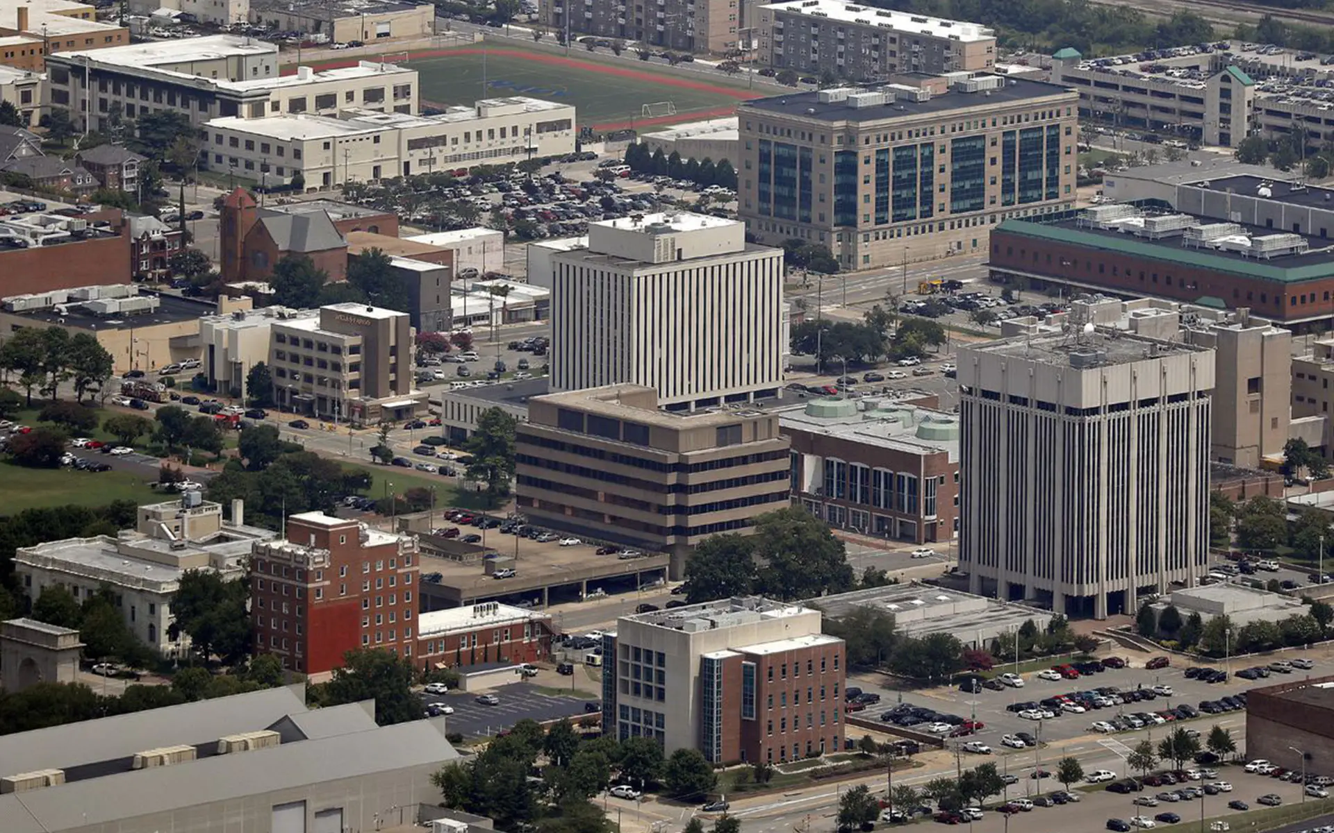 Aerial view of buildings and streets in downtown Newport News