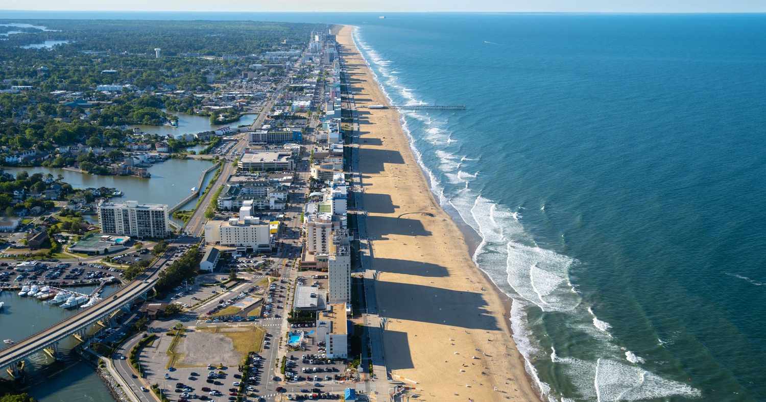Aerial view of the Virginia Beach Oceanfront, beach, and surrounding neighborhoods
