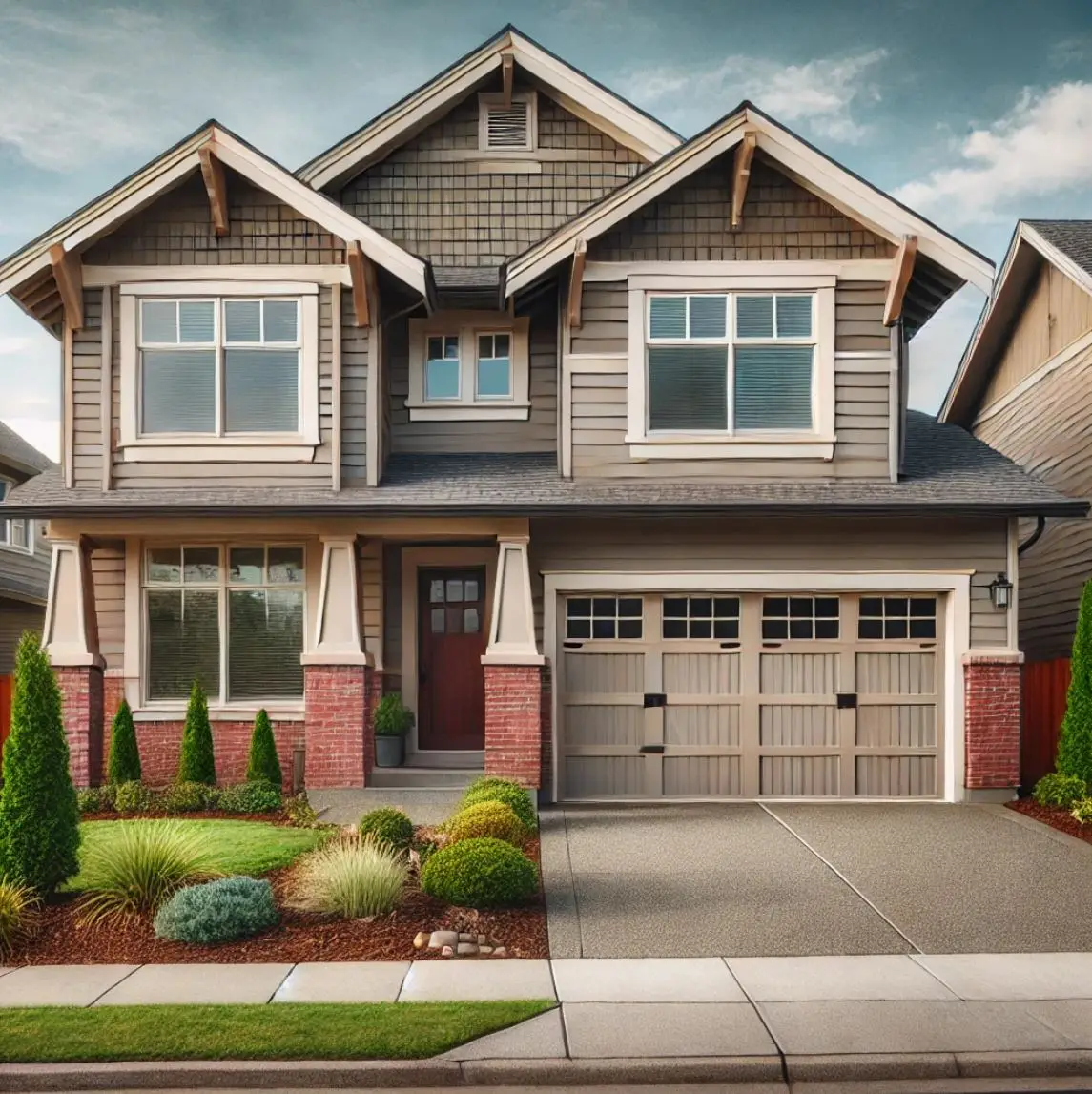 Illustration of a two-story house with a front porch and attached garage