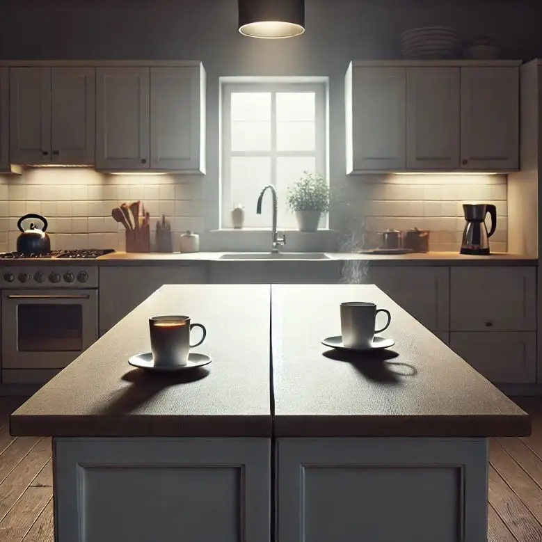 Illustrative kitchen interior with a table and two cups