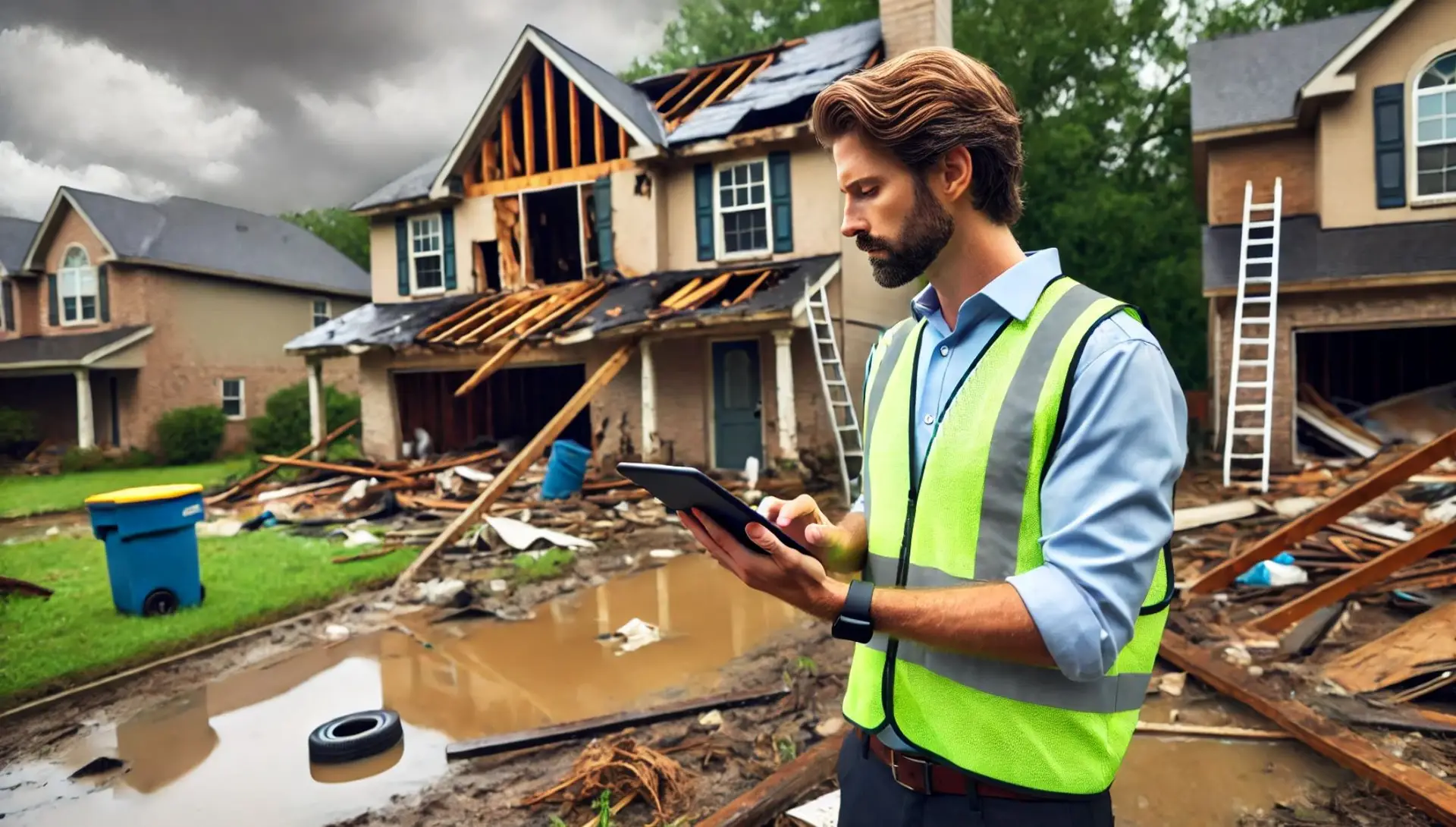Appraiser evaluating flood-damaged home