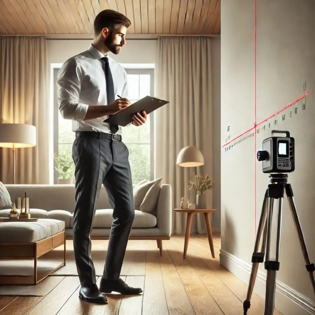 Appraiser measuring living room for square footage appraisal.