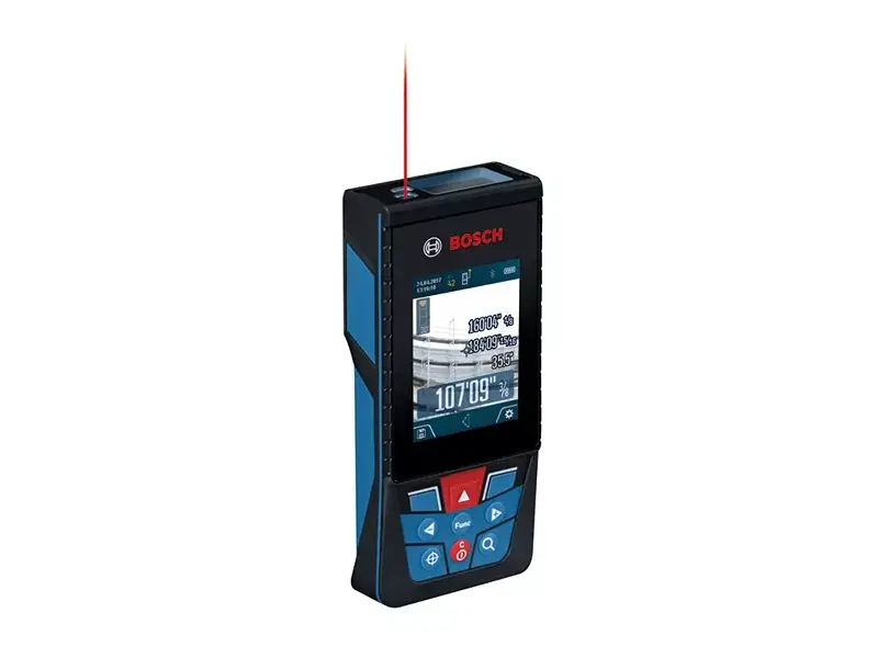 BOSCH GLM400C Blaze 400 Ft Outdoor Laser Distance Measure with Camera Viewfinder used for precise outdoor measurements.