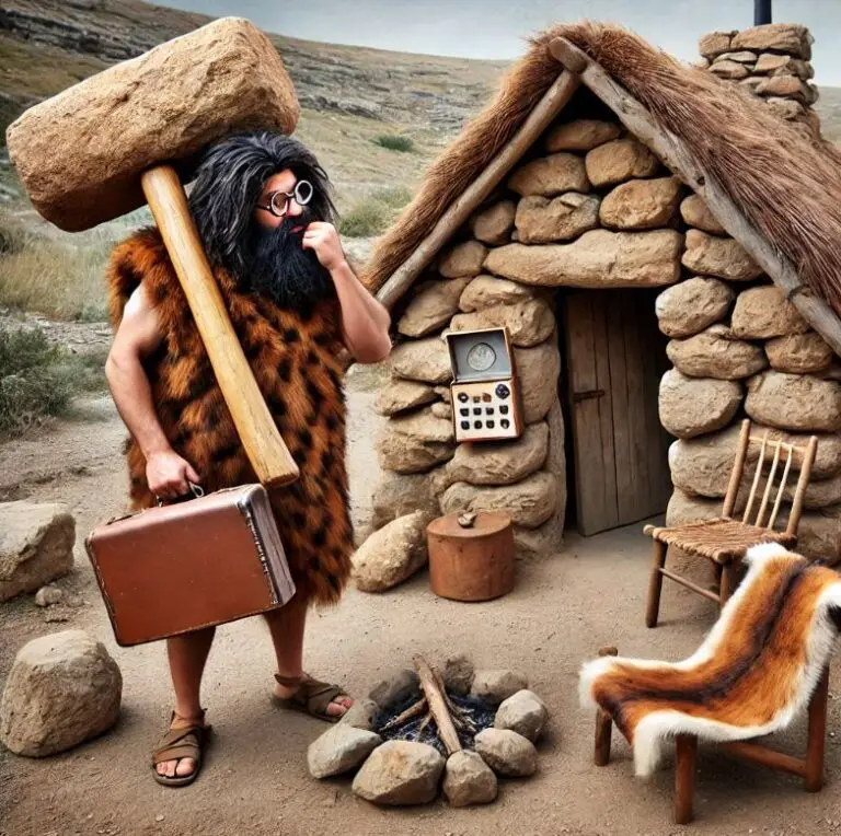 Fictional caveman carrying a briefcase beside a stone house, used as a playful guide to appraisal history.