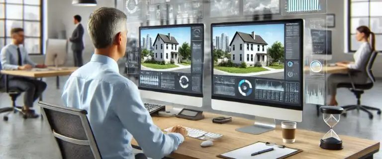 Appraiser analyzing property data remotely on a computer for hybrid appraisal.
