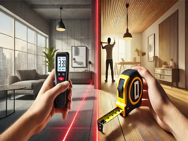 Comparison between laser distance measures and traditional tape measures highlighting accuracy and efficiency in real estate measurements