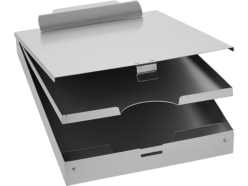 Amazon Basics metal clipboard with two storage compartments, ideal for organizing documents and tools in various professional settings.