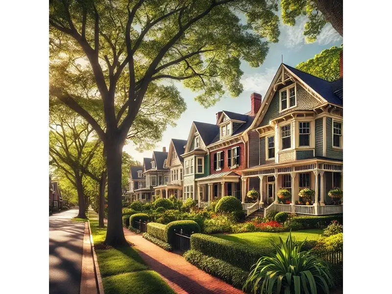 A quiet historic neighborhood in Hampton Roads with classic homes.