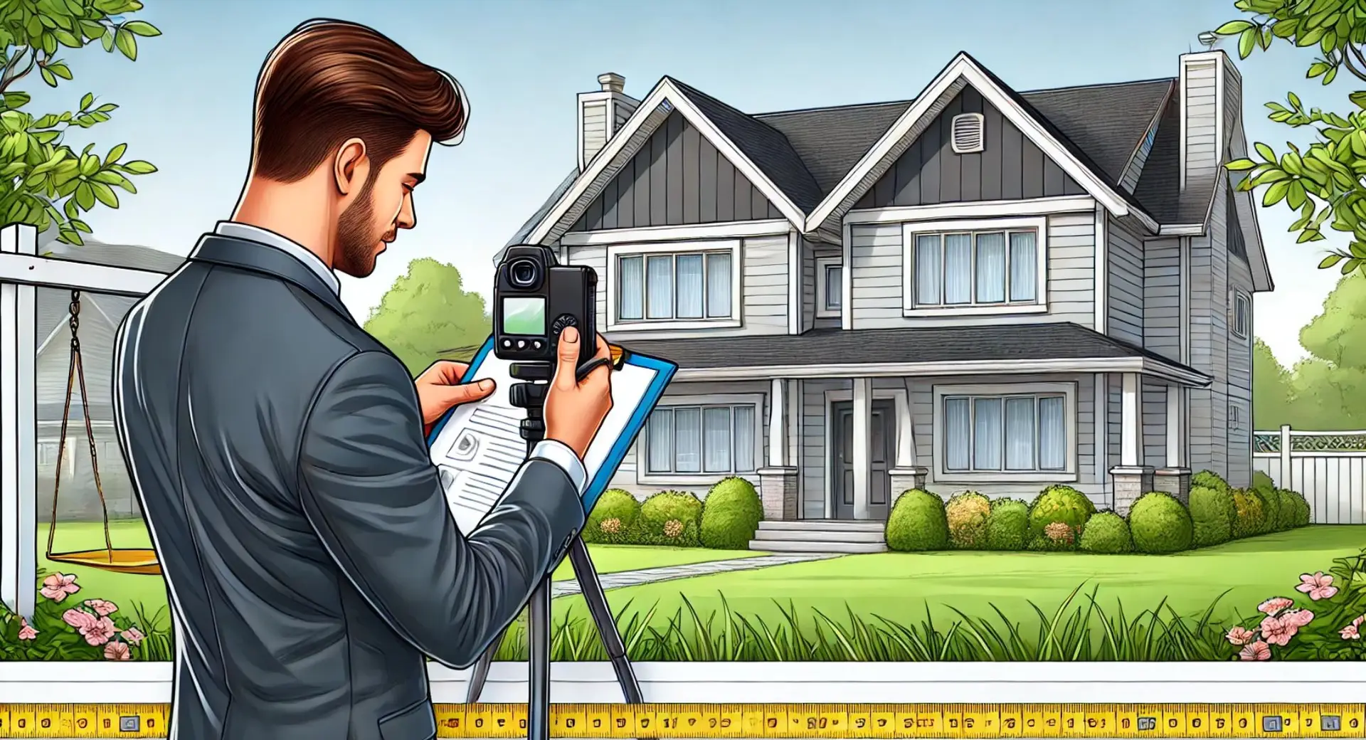 A real estate appraiser using a laser measure to record dimensions, minimizing measurement errors in real estate appraisals.