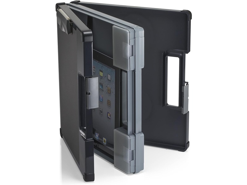 Officemate dual-sided clipboard storage box with compartments for organizing tools and papers in professional settings.
