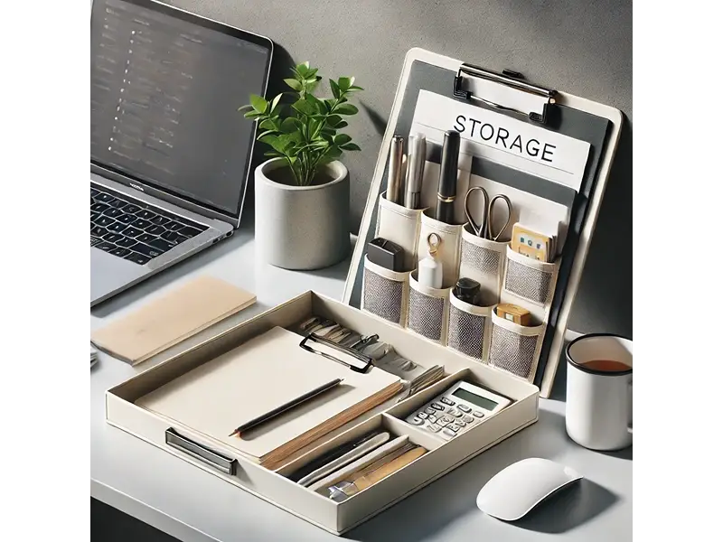 Organized office workspace featuring storage clipboards for efficient document management