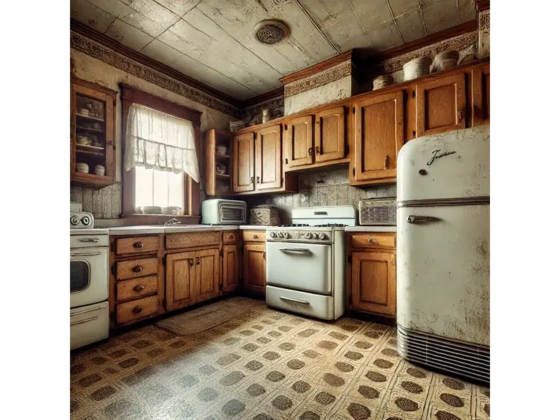 An outdated kitchen in a historic home with old appliances and cabinetry.