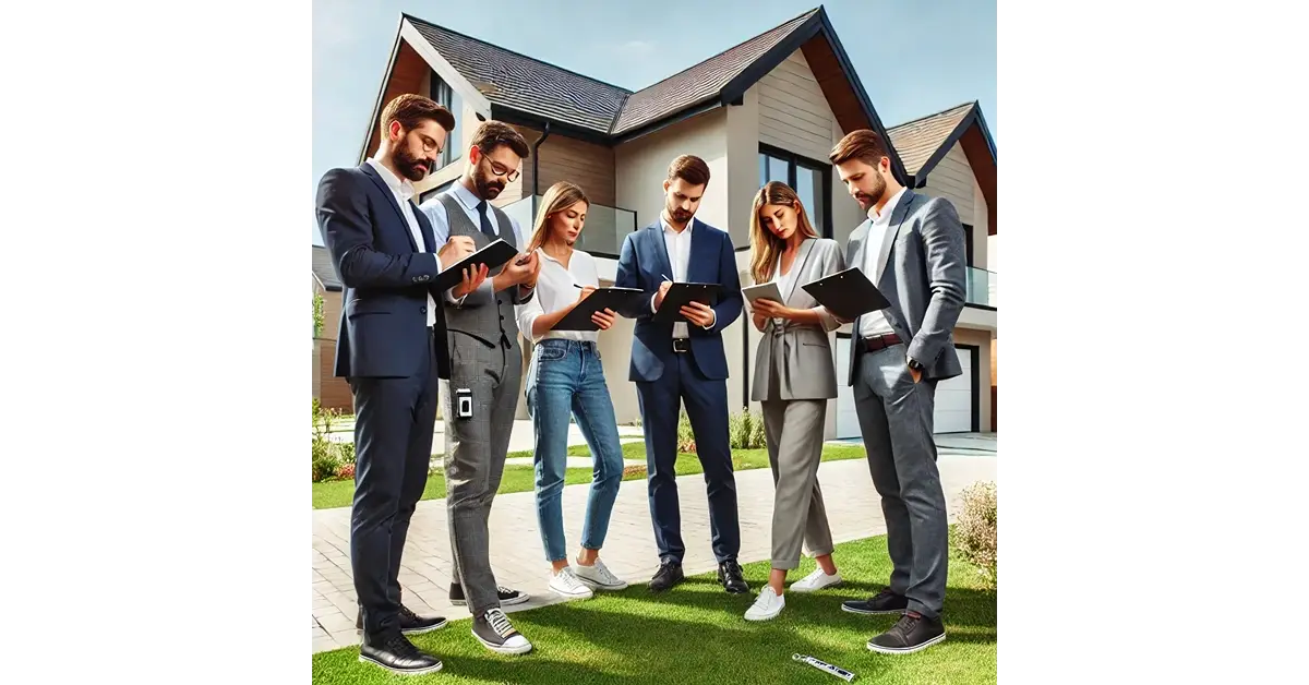 Professional team conducting field home appraisal with waterproof clipboards