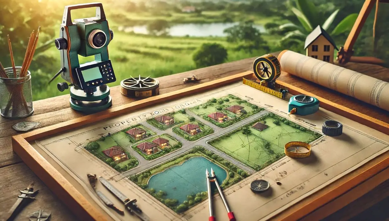 A property boundary map and surveyor's tools at a real estate site, preventing measurement errors in real estate appraisals.