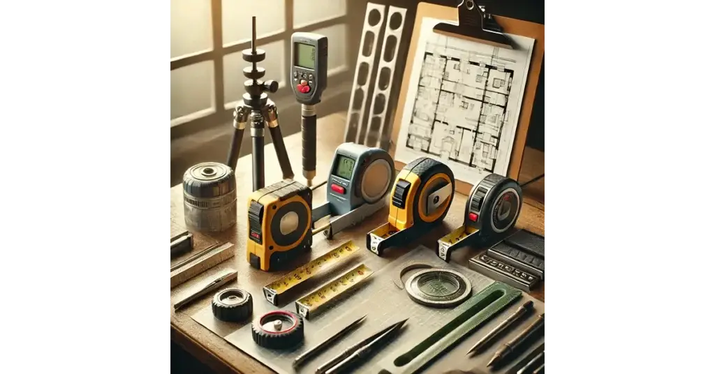 Collection of essential real estate measuring tools including laser measure, tape measure, and measuring wheel