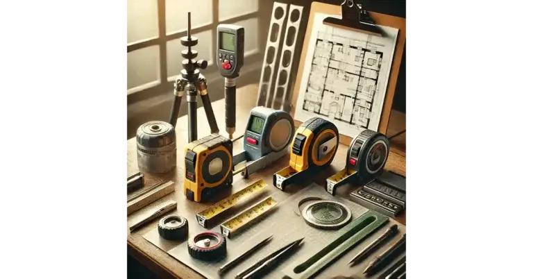 Collection of essential real estate measuring tools including laser measure, tape measure, and measuring wheel