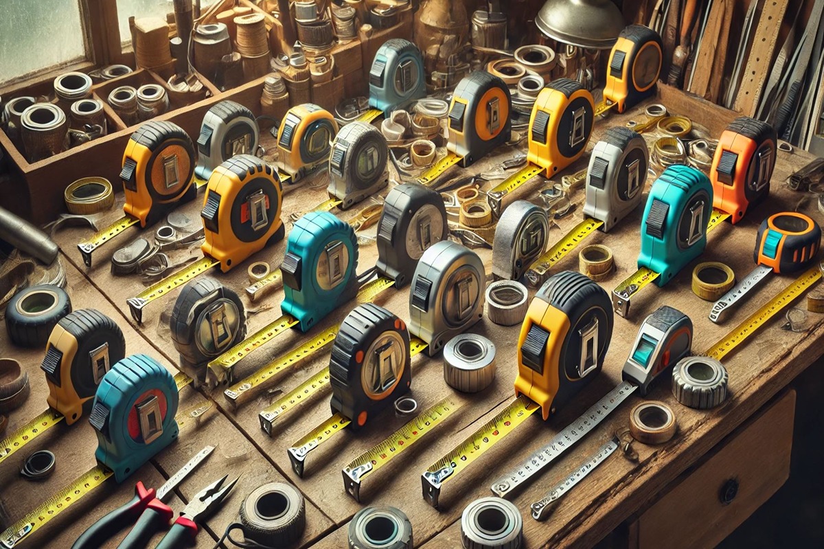 A collection of different types of tape measures, including Stanley, DEWALT, and Klein Tools, ideal for real estate professionals.