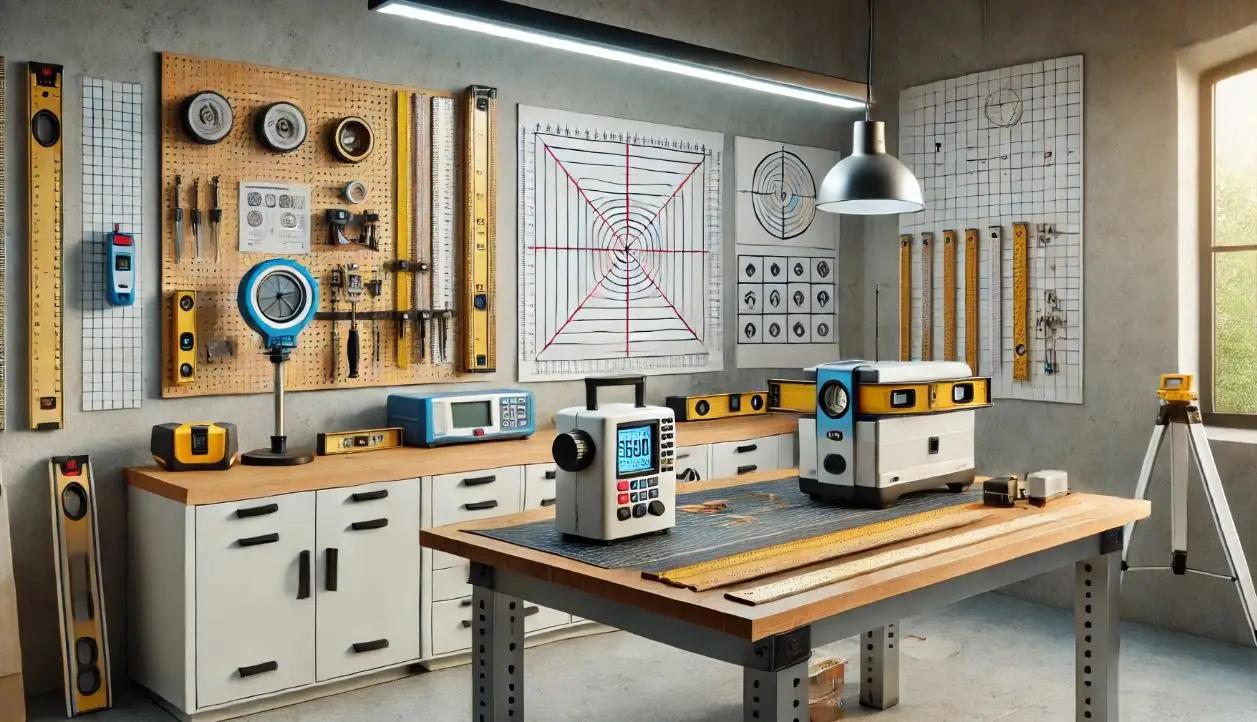 Calibration setup for measuring tools used by real estate professionals, ensuring accuracy in real estate appraisals.