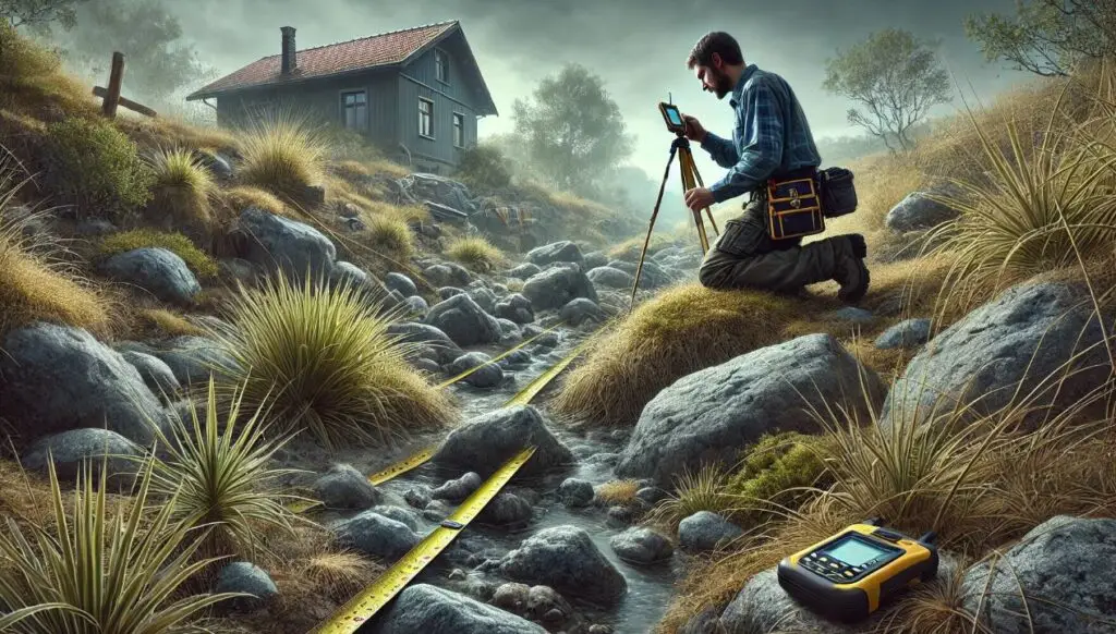 Uneven terrain and obstacles affecting property measurements in real estate appraisals.
