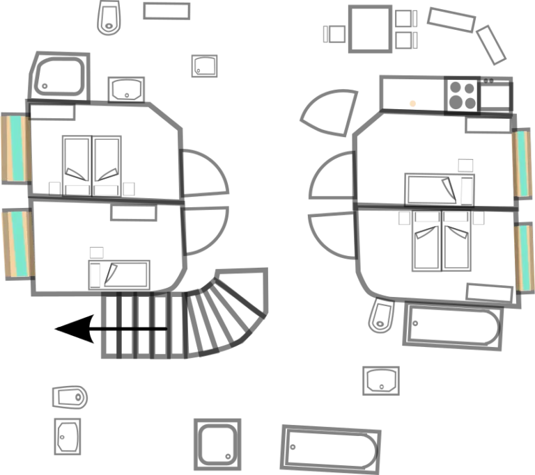 Overhead floor plan showing four furnished sleeping rooms, doors, windows and a central circulation area