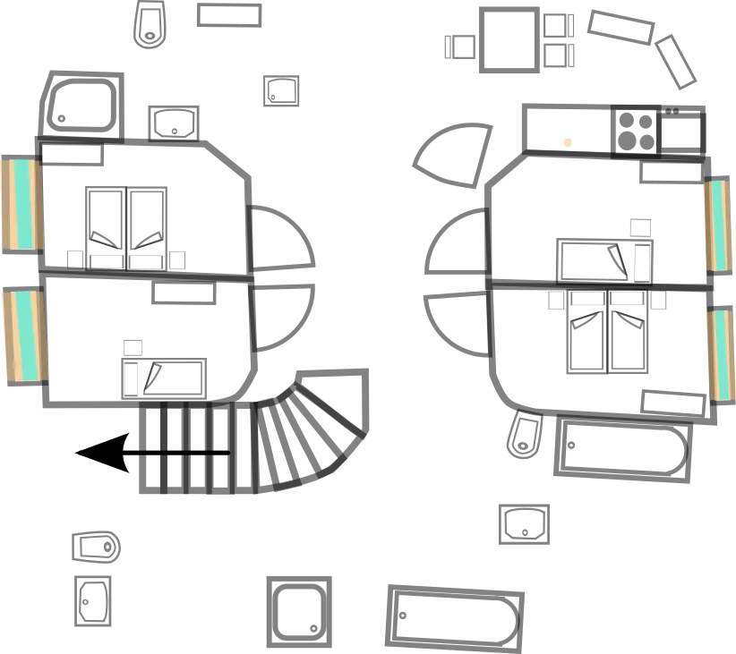 Overhead floor plan showing four furnished sleeping rooms, doors, windows and a central circulation area