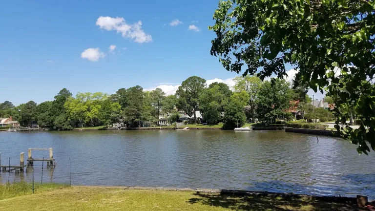 View across the water toward houses, trees and small docks