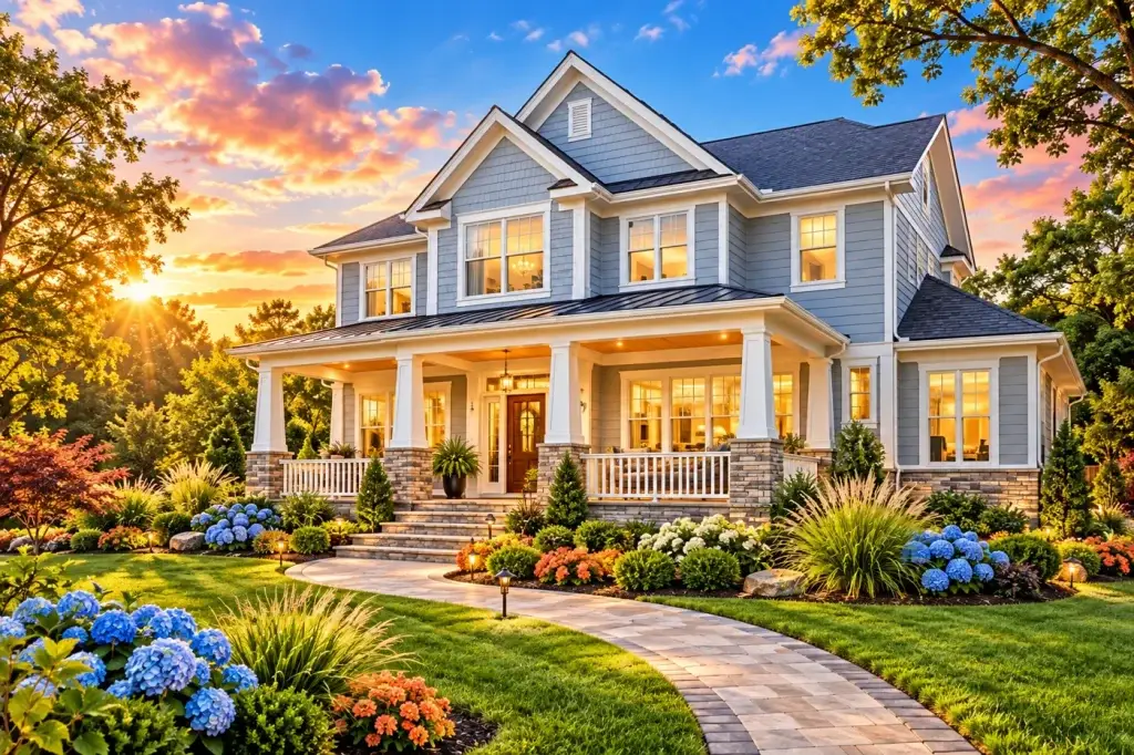 Illustrative coastal home with a glowing front porch, vibrant gardens, and a colorful sunset