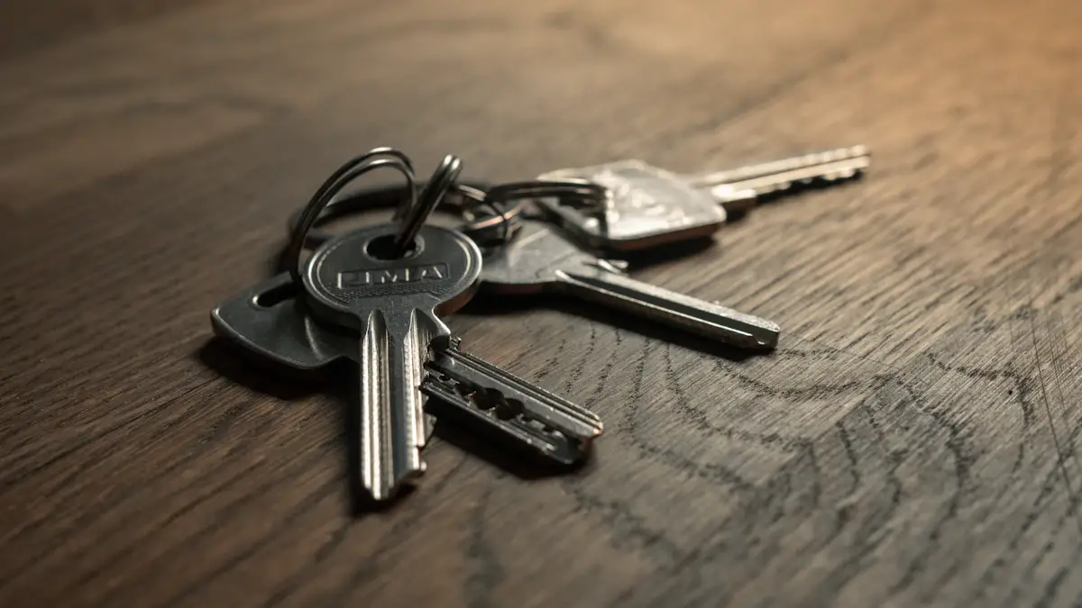 Keys resting on a wooden surface