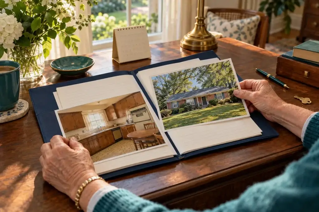 Illustration of hands reviewing older photographs of a home's exterior and kitchen