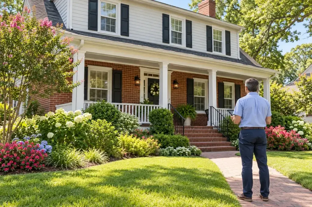 Illustration of an appraiser observing a home's exterior while holding a tablet
