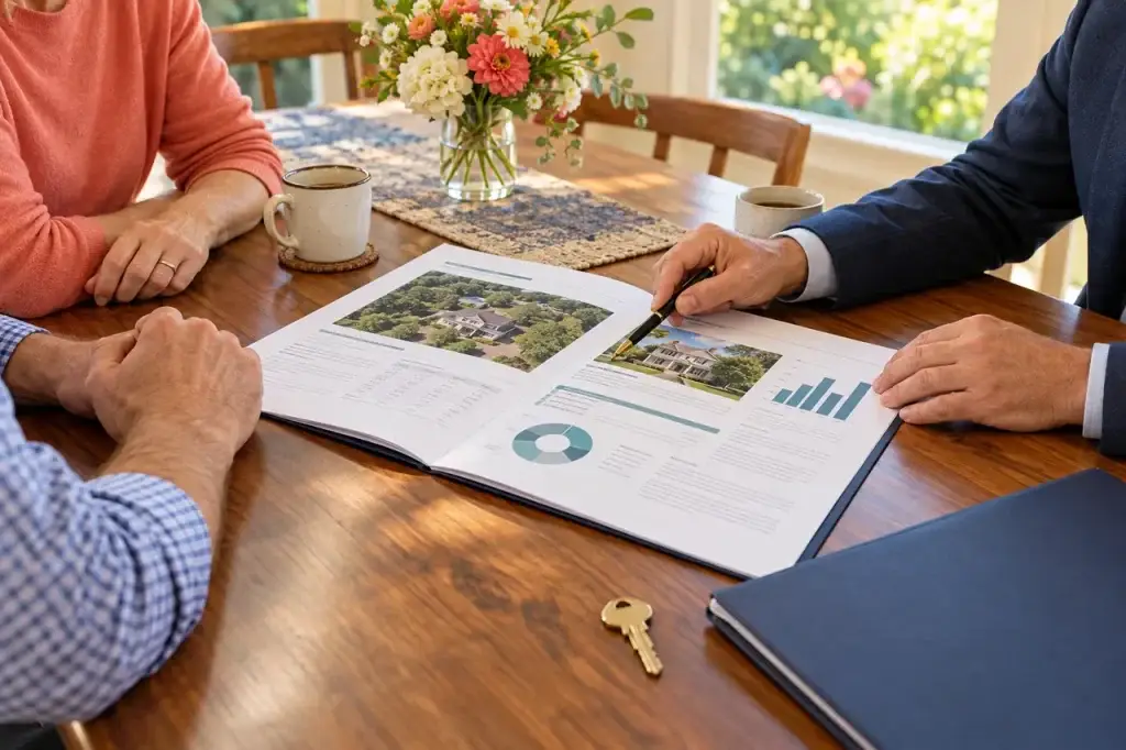 Illustration of estate representatives reviewing a residential appraisal report at a table