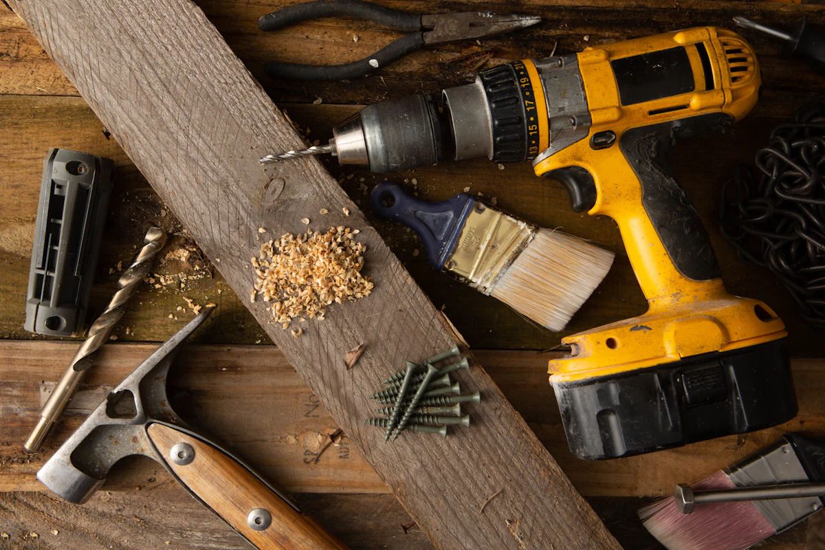 Drill, paintbrush, screws and hand tools on a wooden workbench