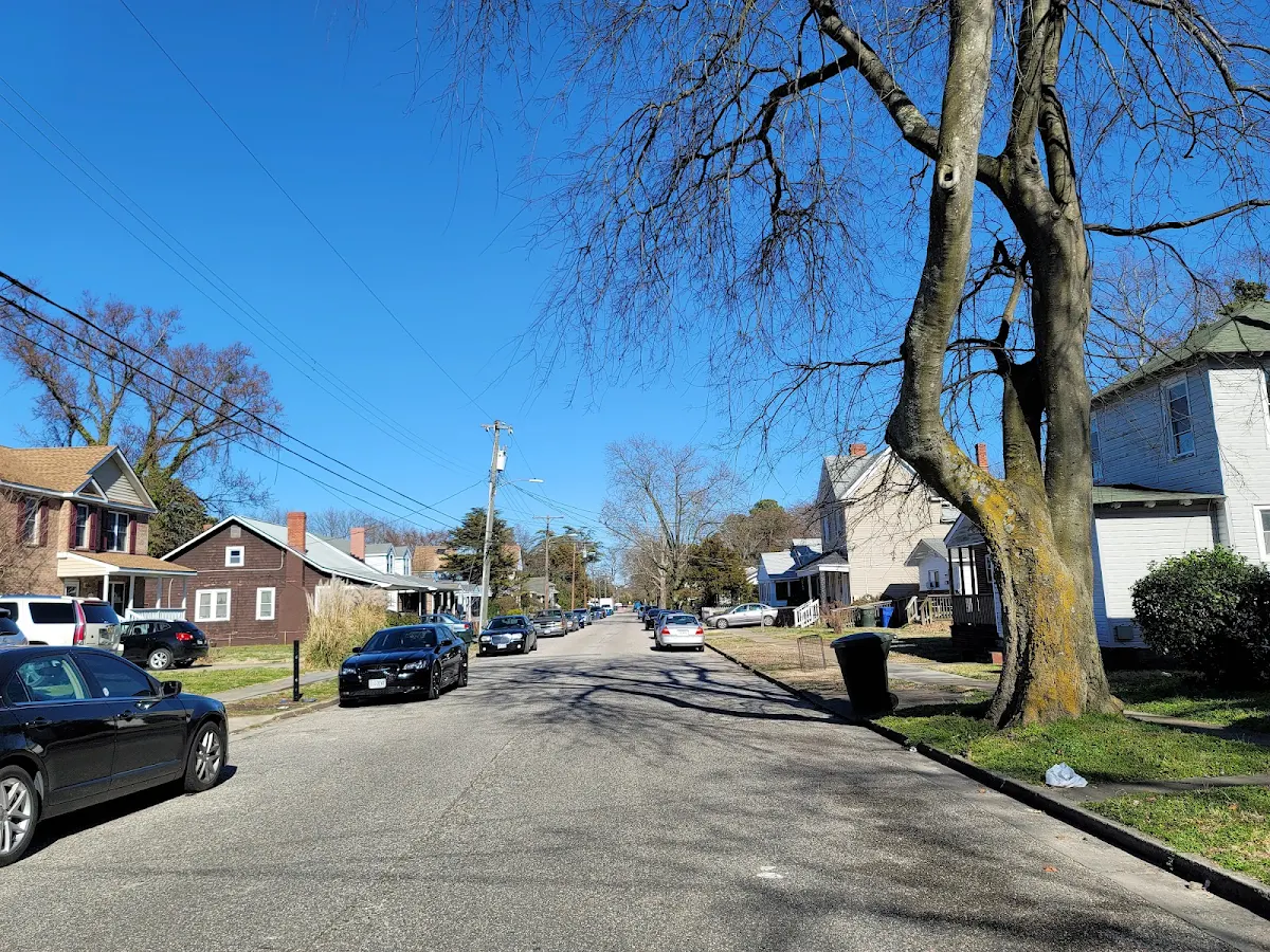 Residential street with older homes and mature trees