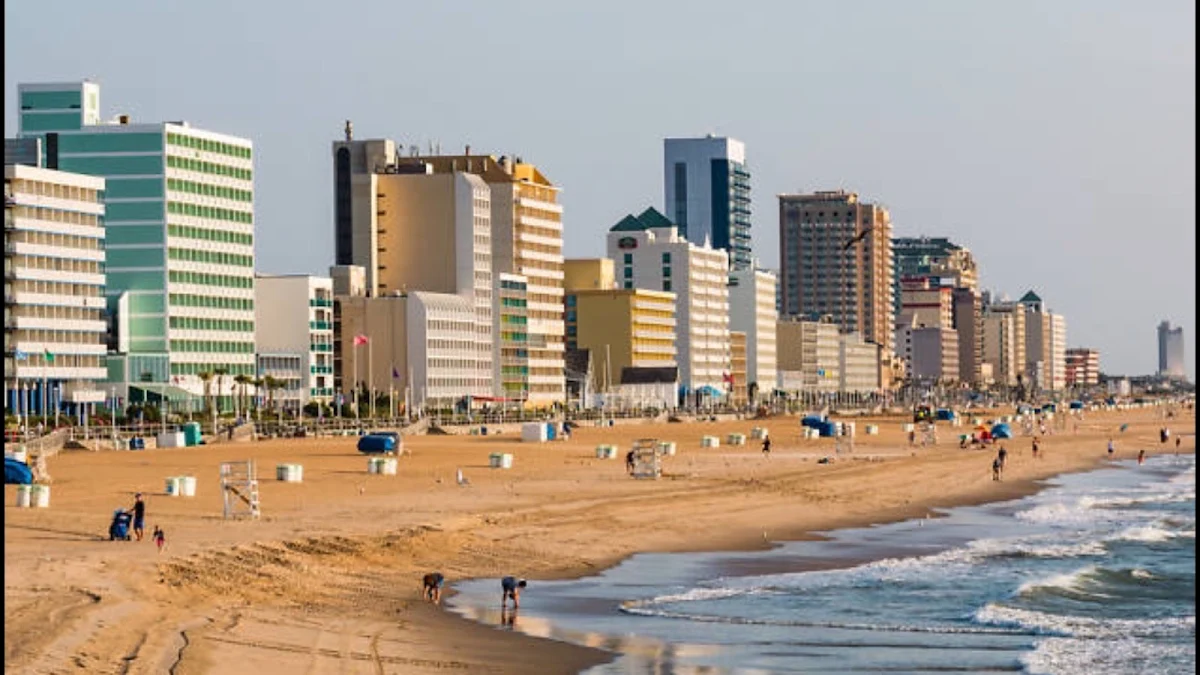 Beach, ocean waves, and buildings along the Virginia Beach Oceanfront