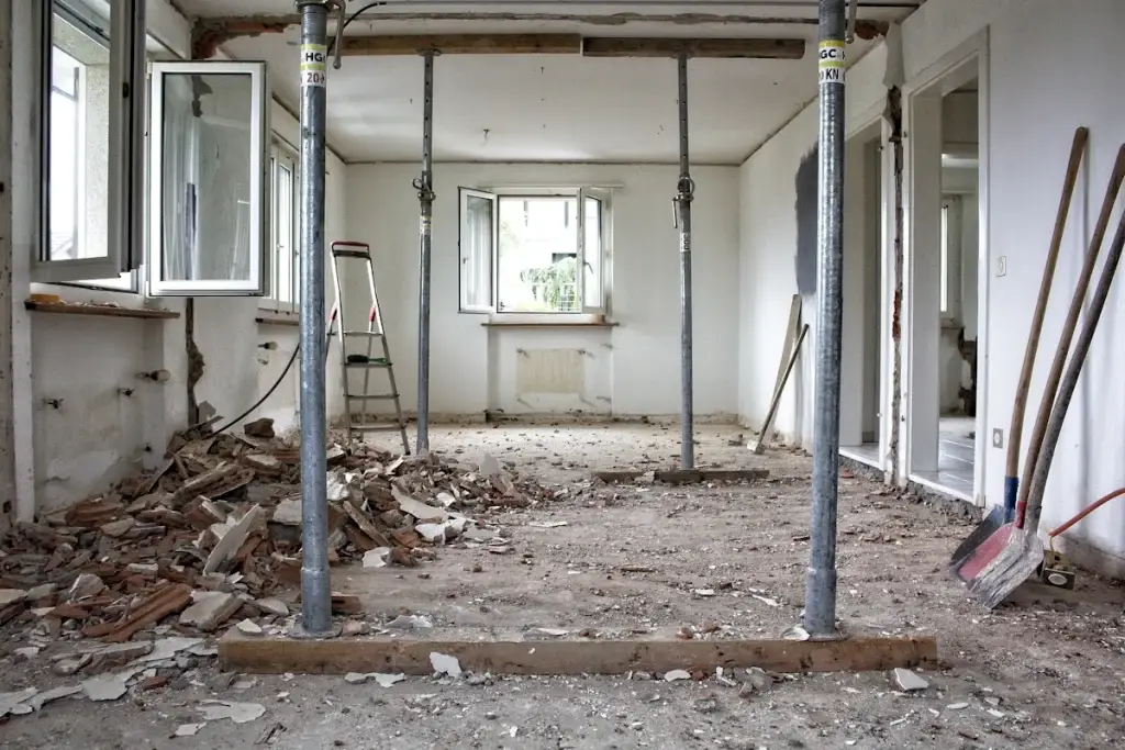 Unfinished interior with exposed construction and renovation materials