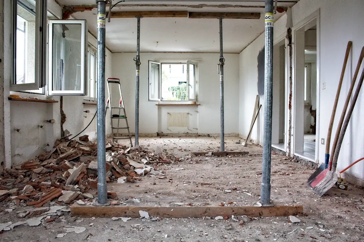 Unfinished interior with exposed construction and renovation materials
