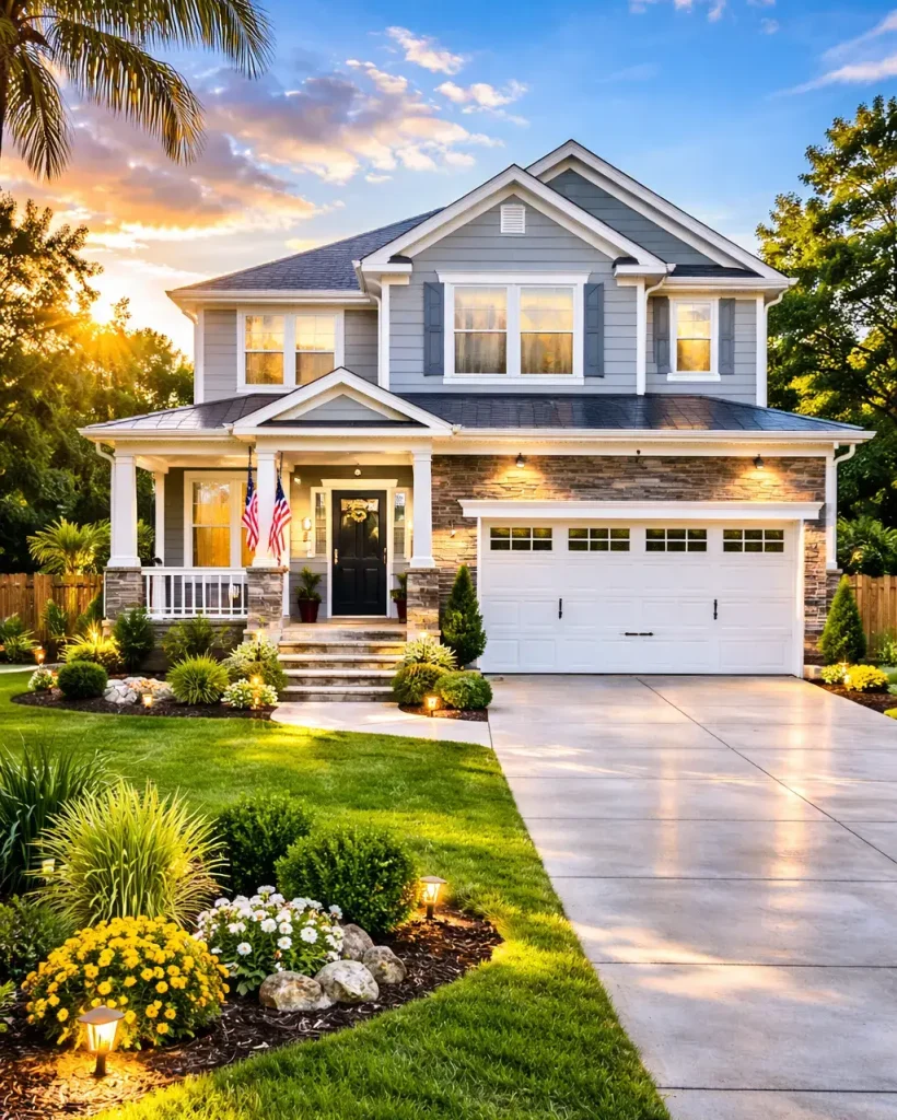 Two-story home with an illuminated porch and landscaped front yard
